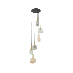 Lámpara colgante Lindby Doroteo, 6 luces, verde/ámbar/gris, cristal