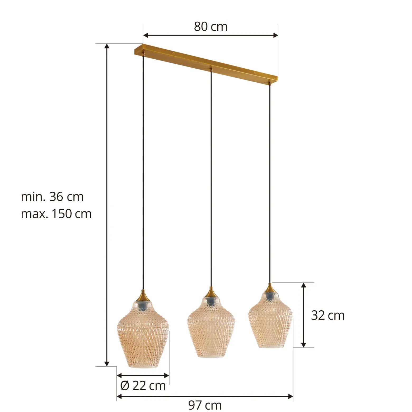 Lámpara colgante Lindby Drakar, Ø 22 cm, 3 luces, ámbar, cristal