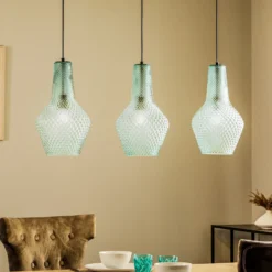 Lámpara colgante Lindby Drakar, 3 luces, azul claro, cristal, Ø 25 cm