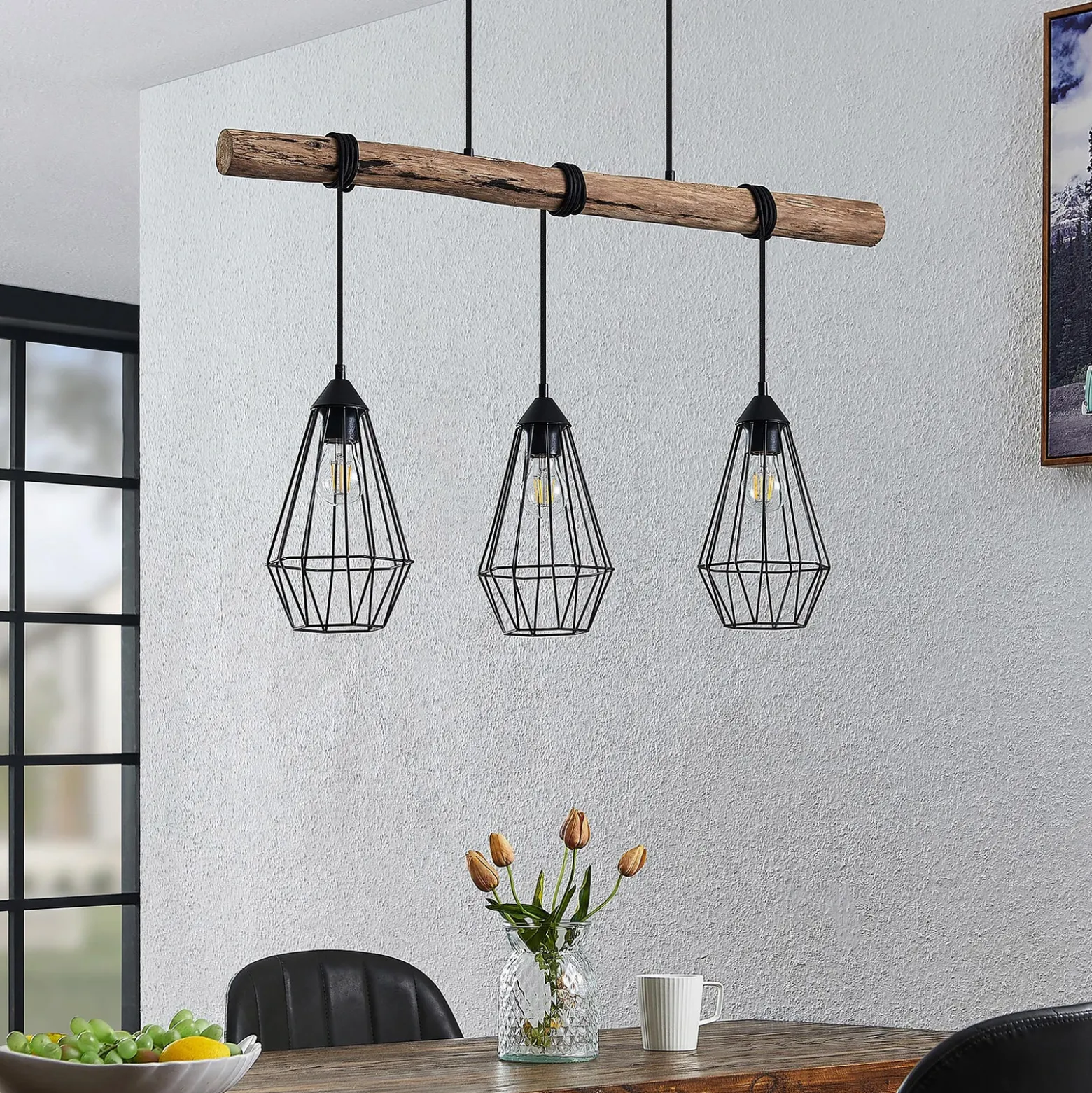 Lámpara colgante Lindby Eldarion, 90 cm, 3 luces, madera, E27