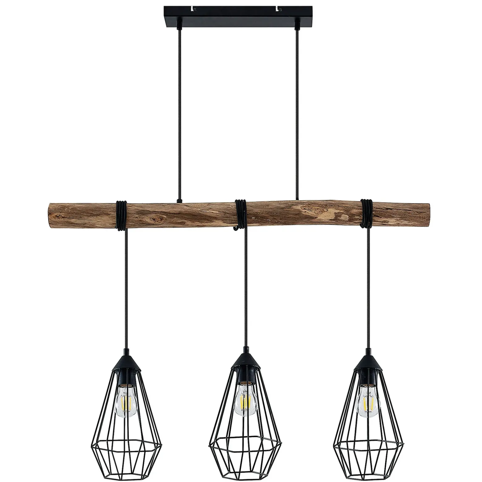 Lámpara colgante Lindby Eldarion, 90 cm, 3 luces, madera, E27