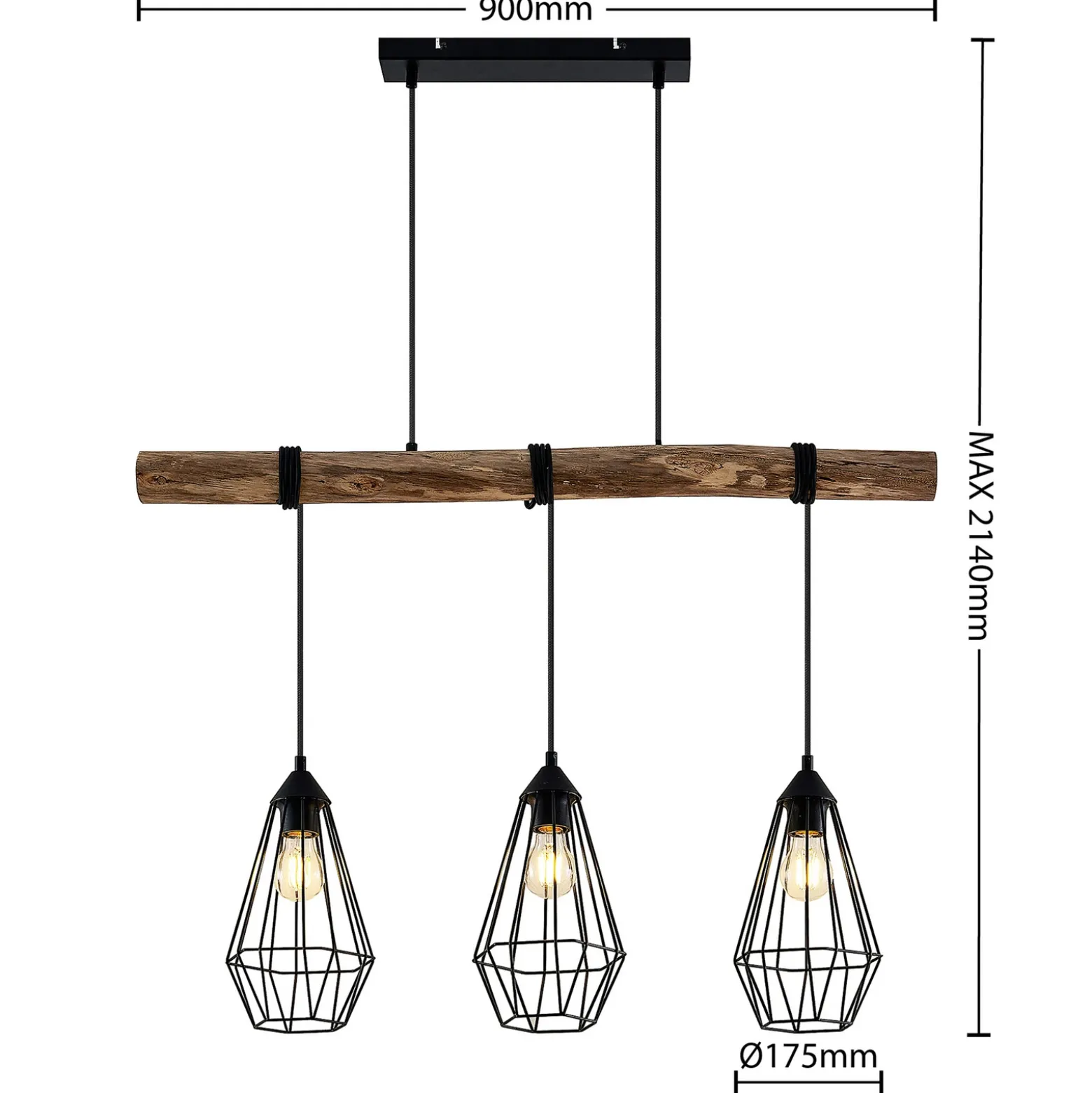 Lámpara colgante Lindby Eldarion, 90 cm, 3 luces, madera, E27