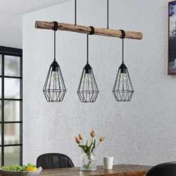 Lámpara colgante Lindby Eldarion, 90 cm, 3 luces, madera, E27