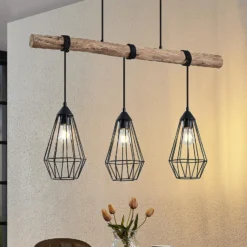 Lámpara colgante Lindby Eldarion, 90 cm, 3 luces, madera, E27