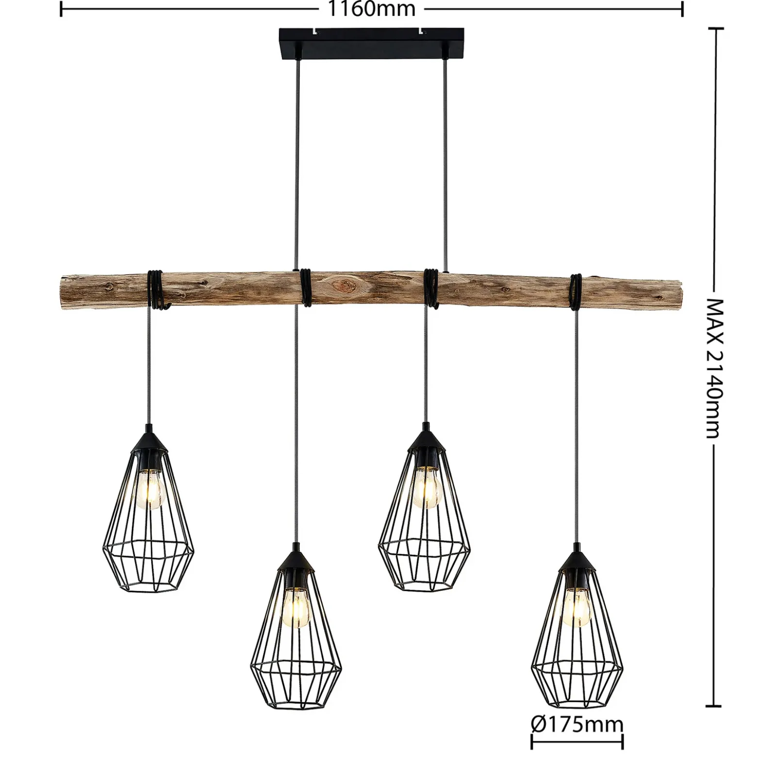 Lámpara colgante Lindby Eldarion, 116 cm, 4 luces, madera, E27