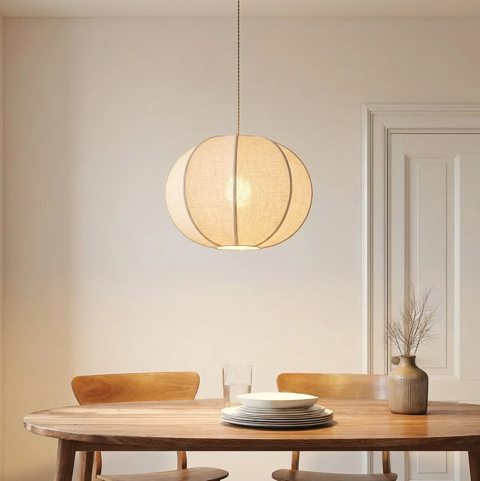 Lámpara colgante Lindby Elfie, Ø 47 cm, beige, lino, E27