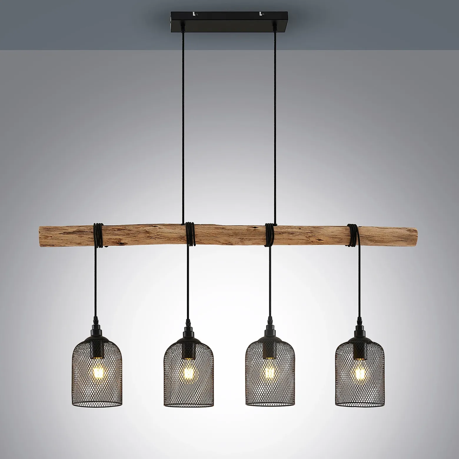 Lámpara colgante Lindby Elrond, 116 cm, negra, 4 luces, madera