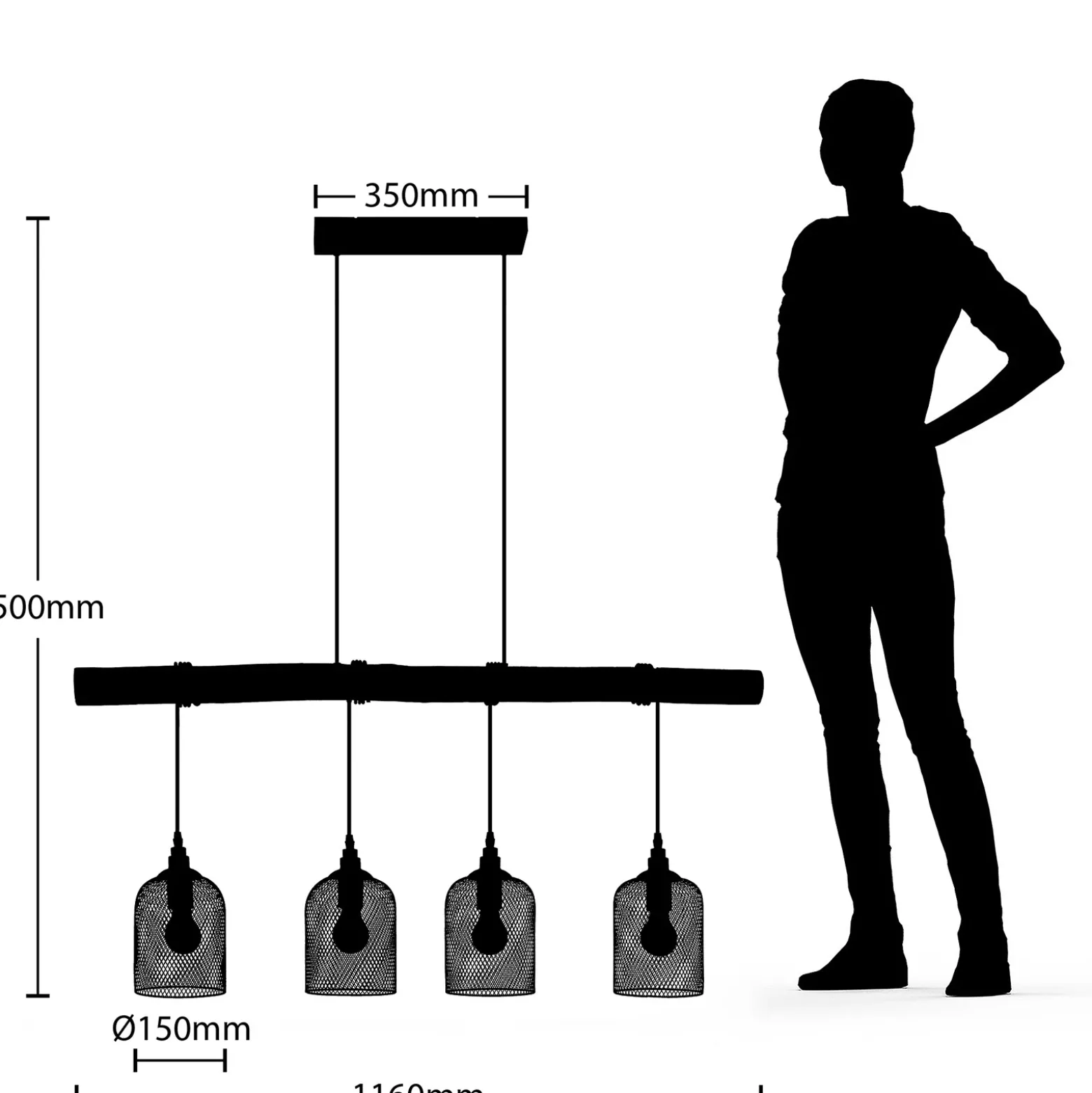 Lámpara colgante Lindby Elrond, 116 cm, negra, 4 luces, madera