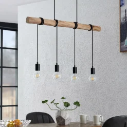 Lámpara colgante Lindby Ferris, 4 luces, 90 cm, madera, E27
