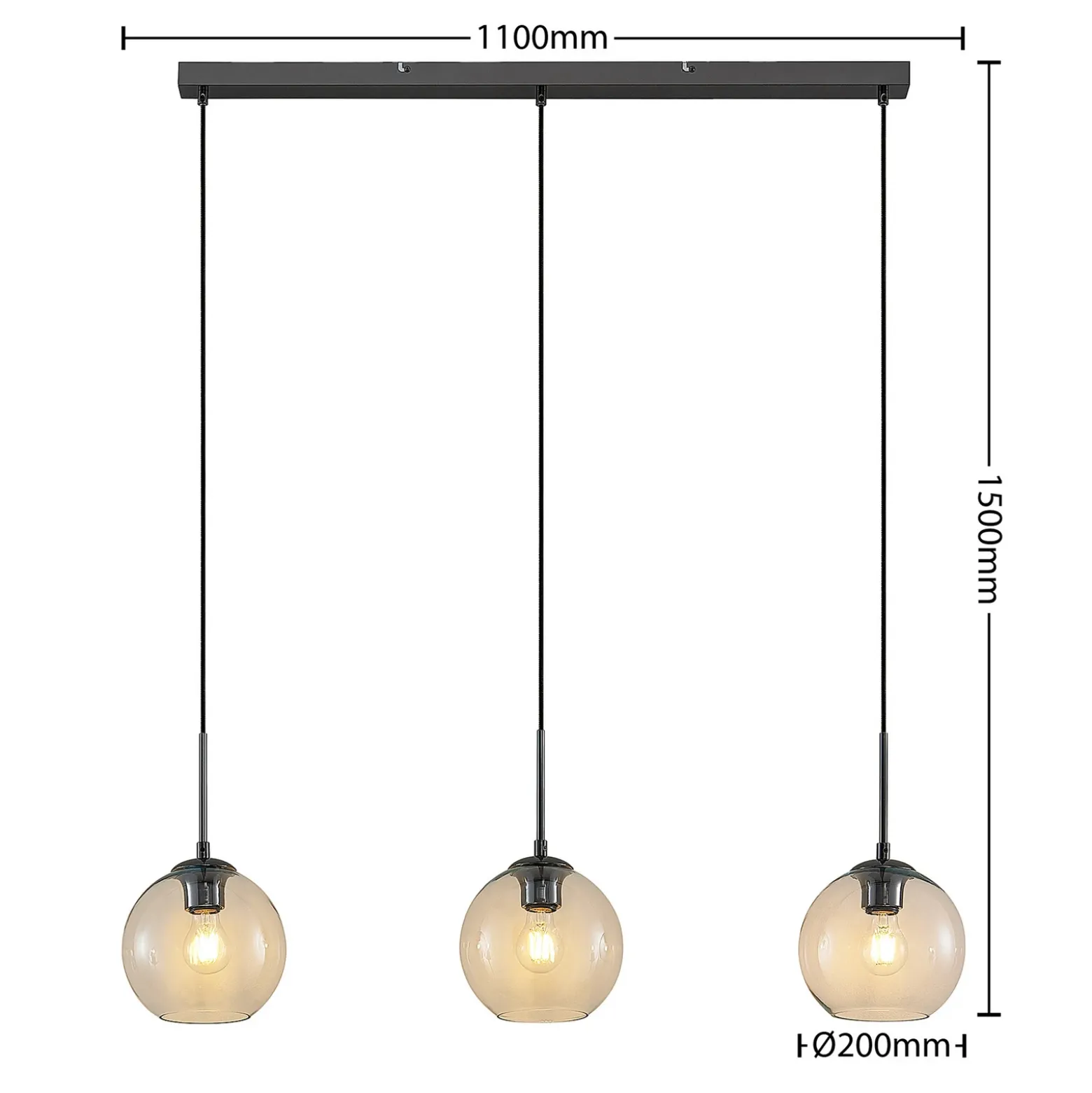 Lámpara colgante Lindby Firano, 110 cm, 3 luces, antracita, cristal