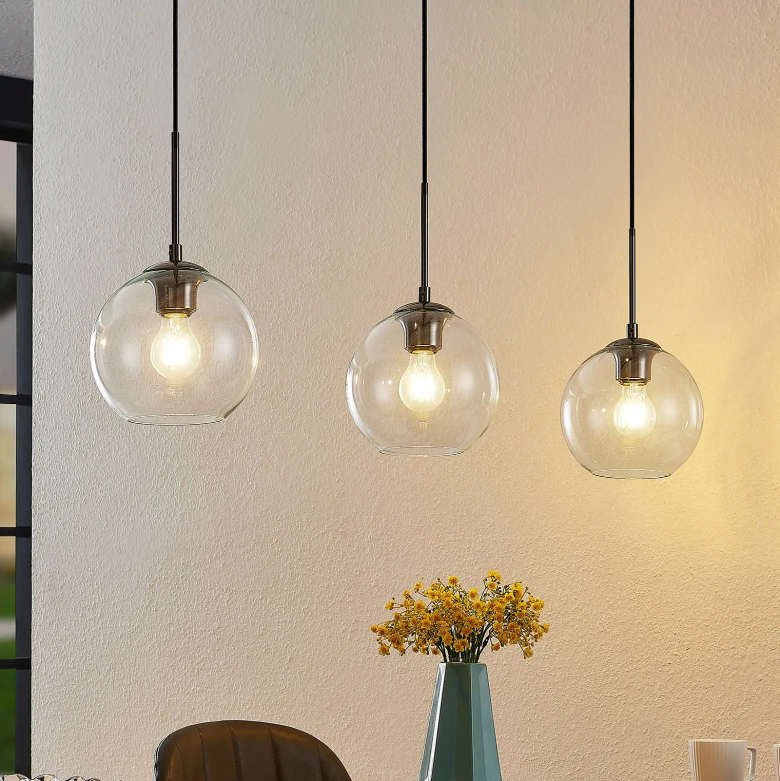 Lámpara colgante Lindby Firano, 110 cm, 3 luces, antracita, cristal