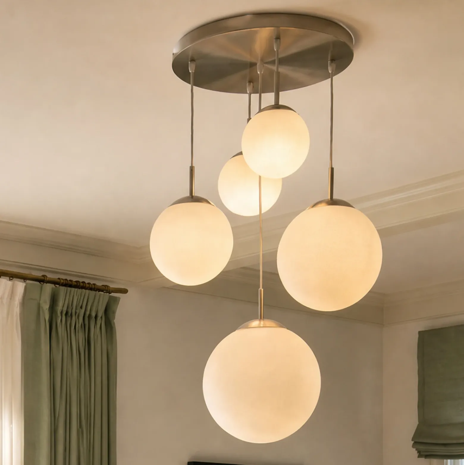Lámpara colgante Lindby Heleska, blanca, de cristal, 5 luces, Ø 50 cm