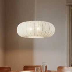 Lámpara colgante Lindby Helin, blanca, Ø 70 cm, textil, 3 x E27