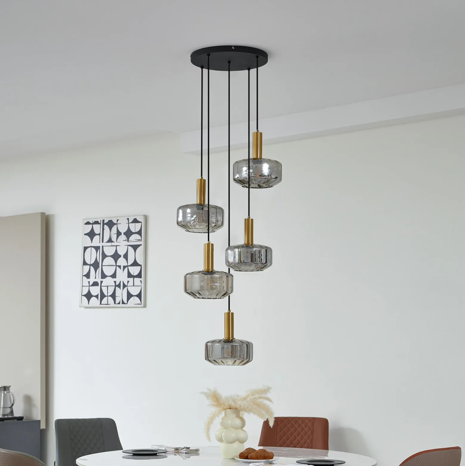Lámpara colgante Lindby Hildur, 5 luces, gris ahumado, cristal