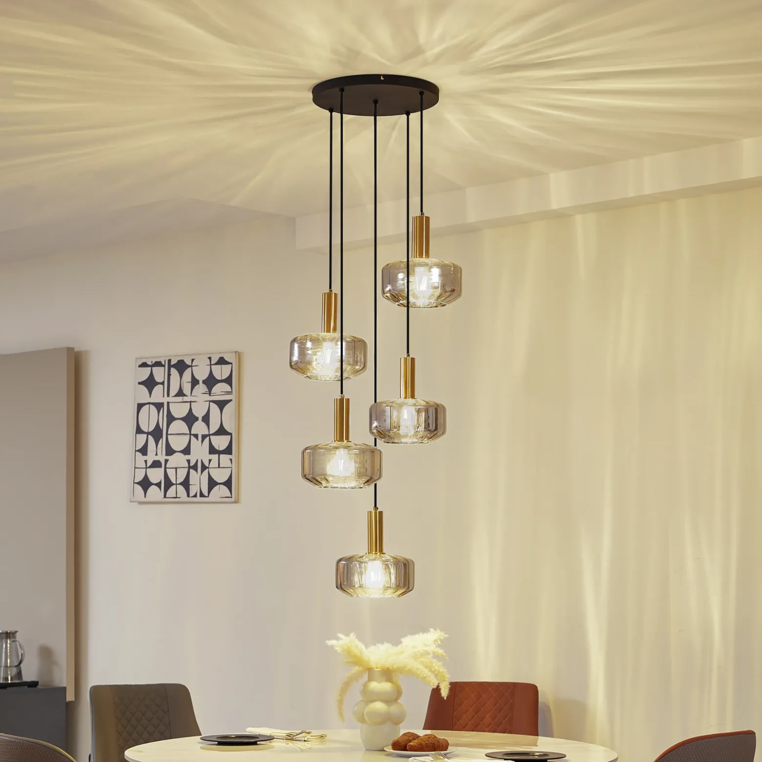 Lámpara colgante Lindby Hildur, 5 luces, gris ahumado, cristal