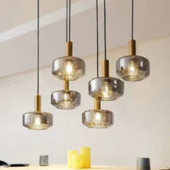 Lámpara colgante Lindby Hildur, 6 luces, gris humo, cristal