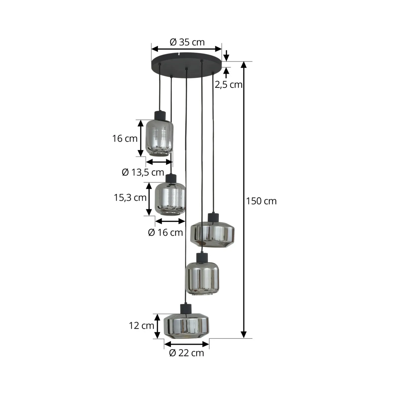 Lámpara colgante Lindby Hildur, Ø 35 cm, gris humo, cristal, E27