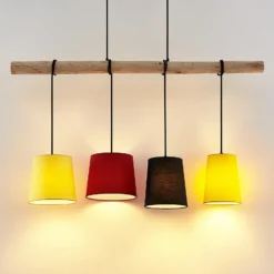 Lámpara colgante Lindby Hinai, negro/rojo/amarillo, textil, 116cm