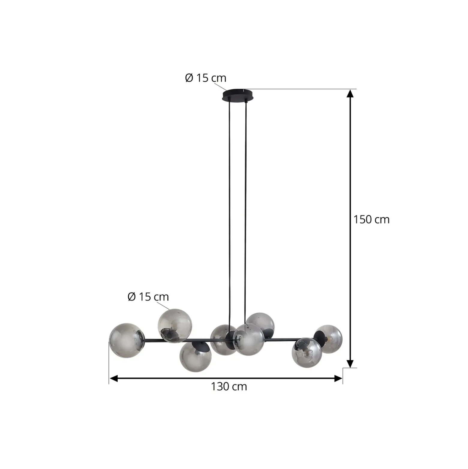Lámpara colgante Lindby Isamer, gris humo, 130 cm, globo