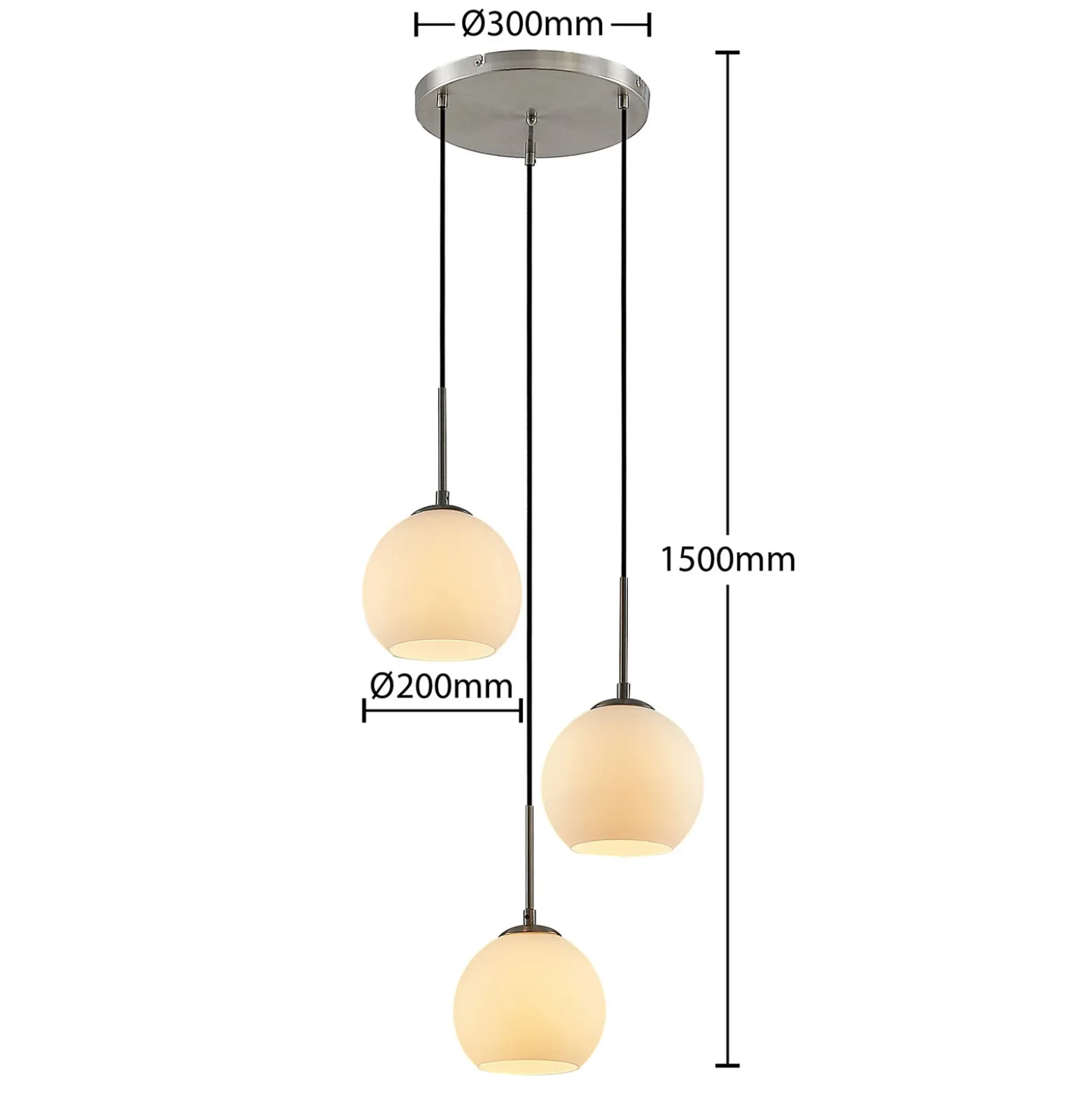 Lámpara colgante Lindby Jurian, Ø 32 cm, 3 luces, níquel/opal, cristal