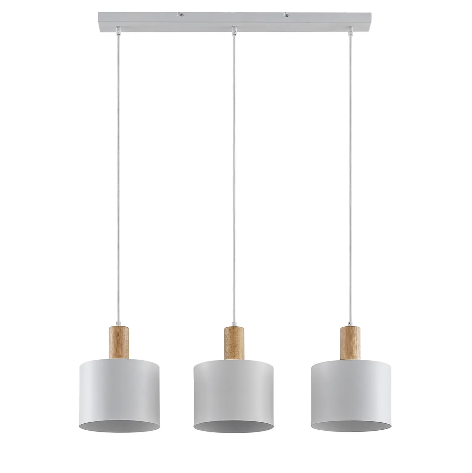 Lámpara colgante Lindby Kadir, 73 cm, 3 luces, blanco, madera