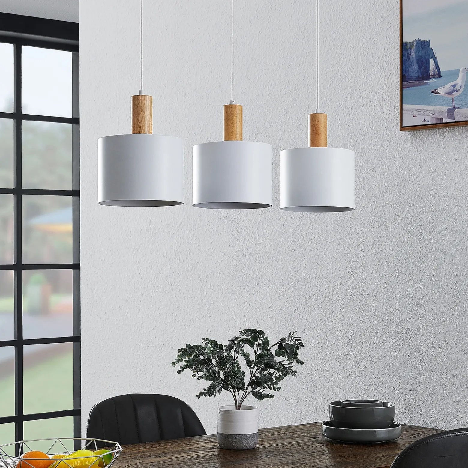 Lámpara colgante Lindby Kadir, 73 cm, 3 luces, blanco, madera