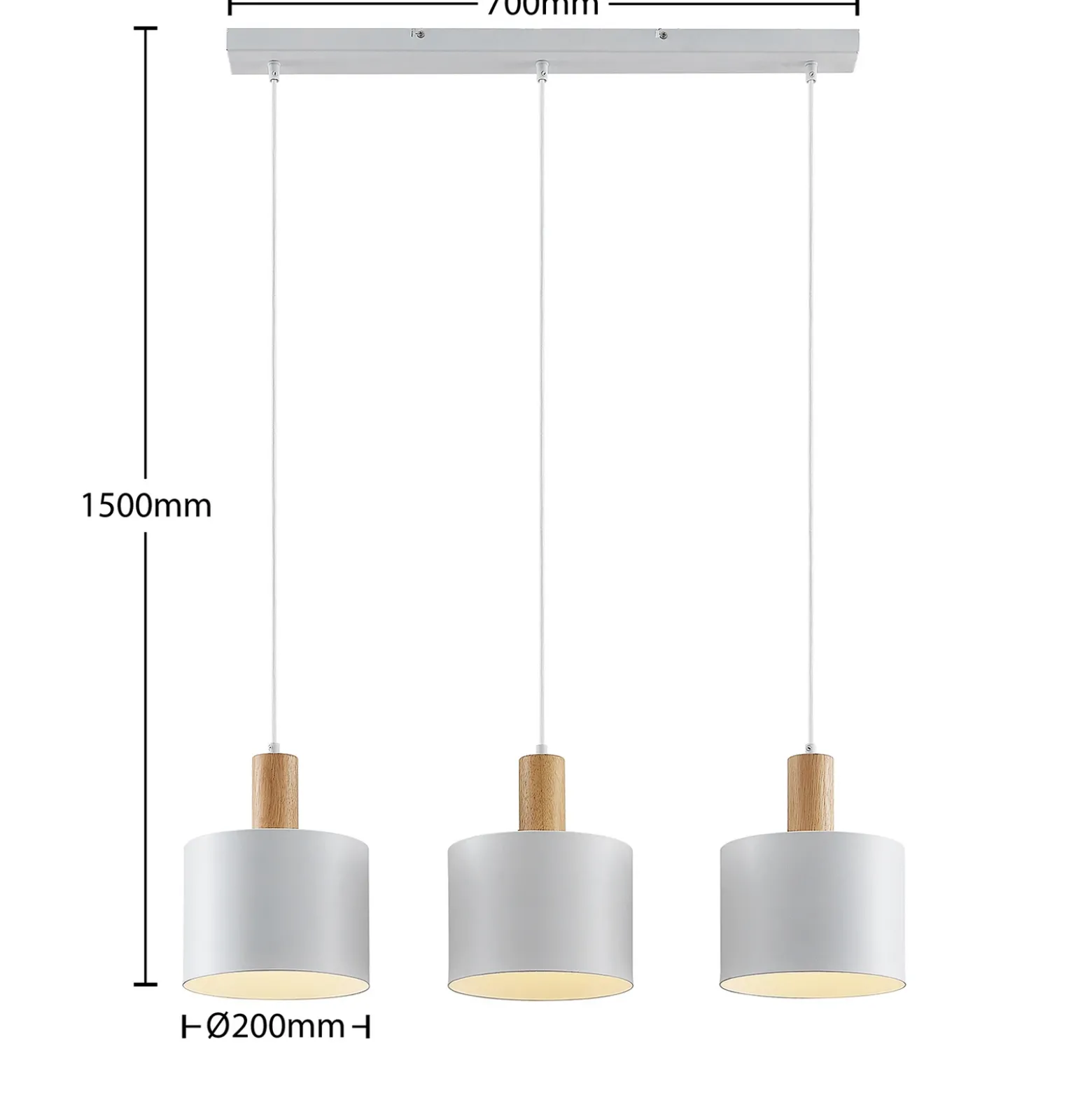Lámpara colgante Lindby Kadir, 73 cm, 3 luces, blanco, madera