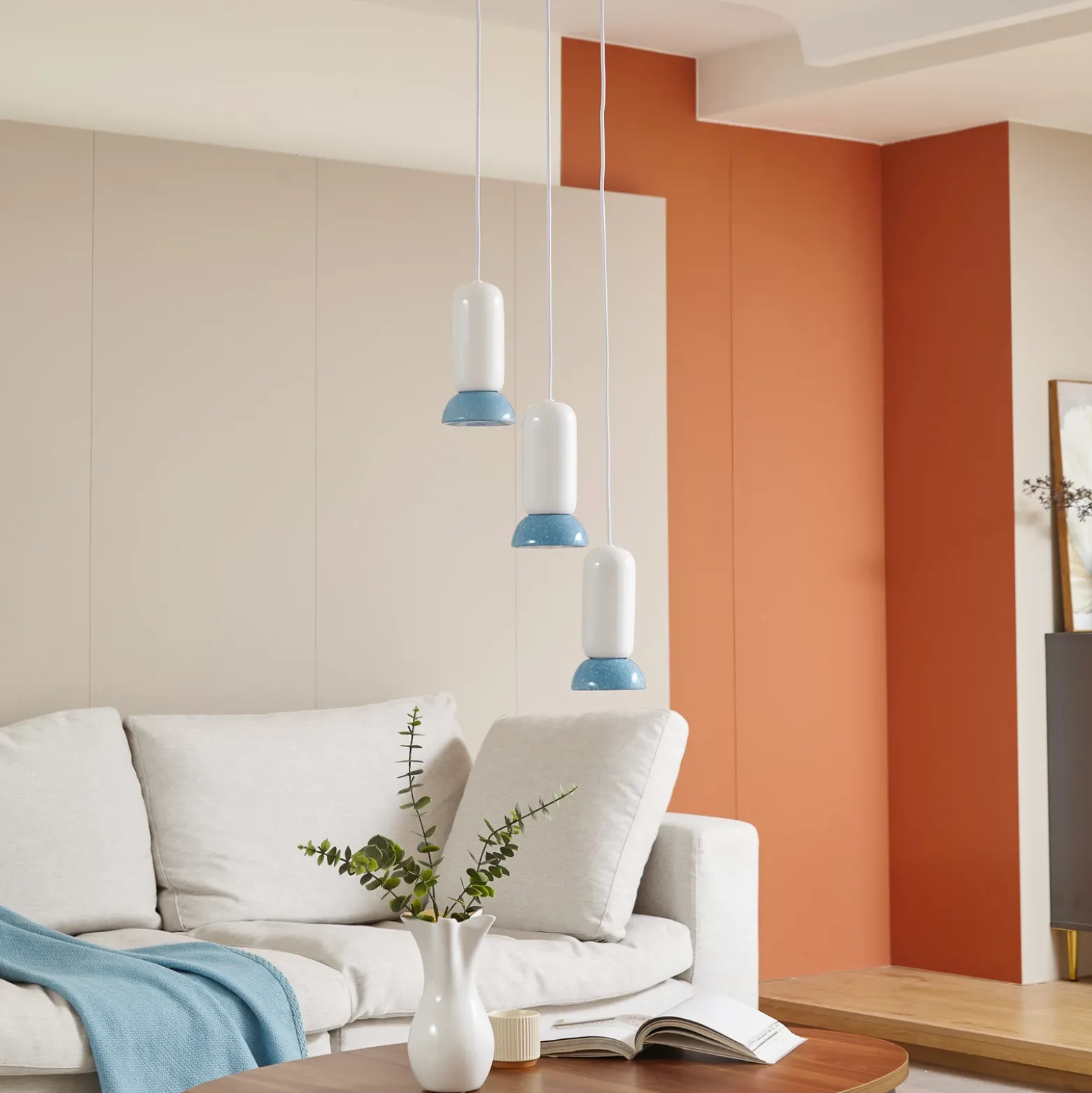 Lámpara colgante Lindby Kerimi, crema/azul, 3 luces, redonda