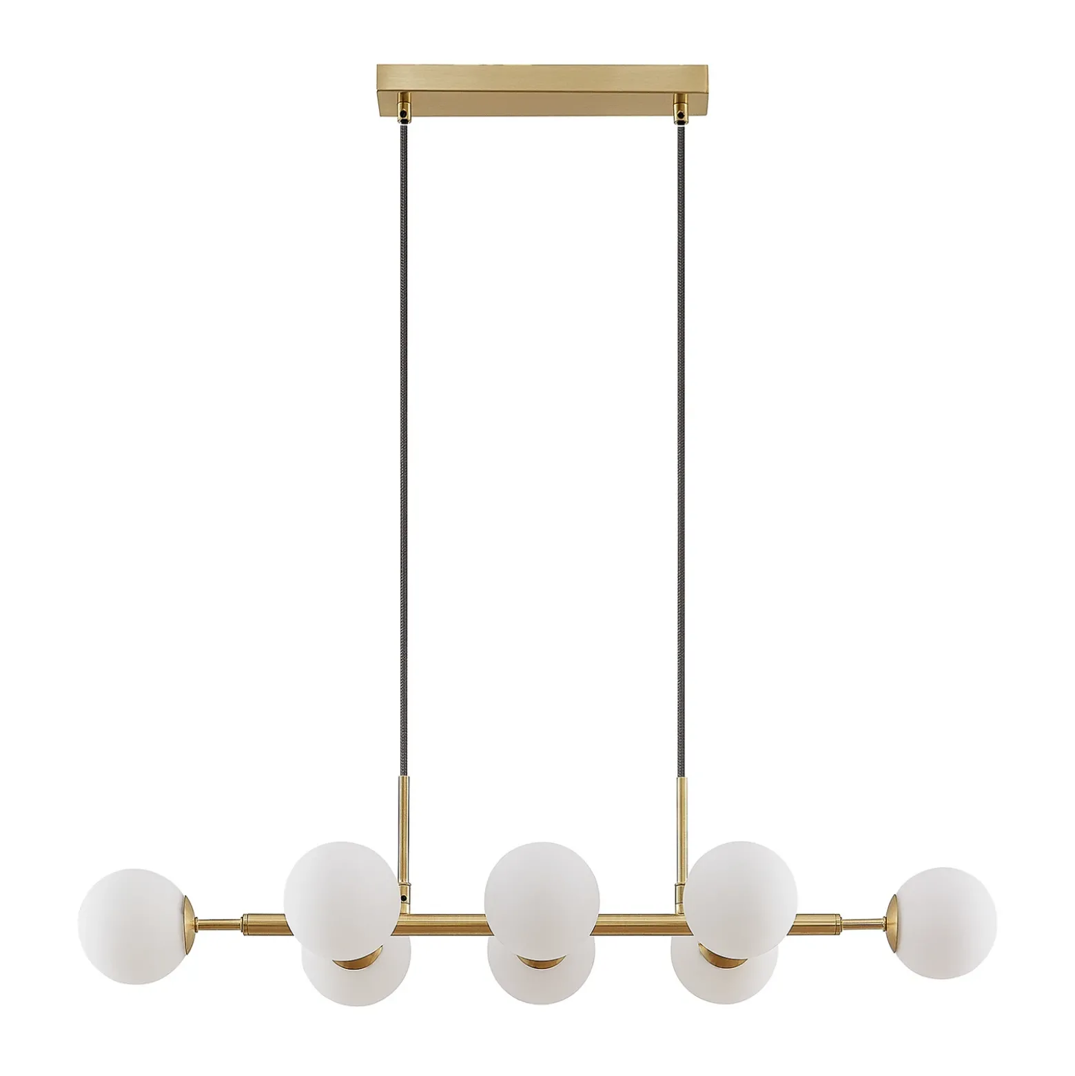 Lámpara colgante Lindby Kiamo, 83 cm, latón, blanco, cristal, G9