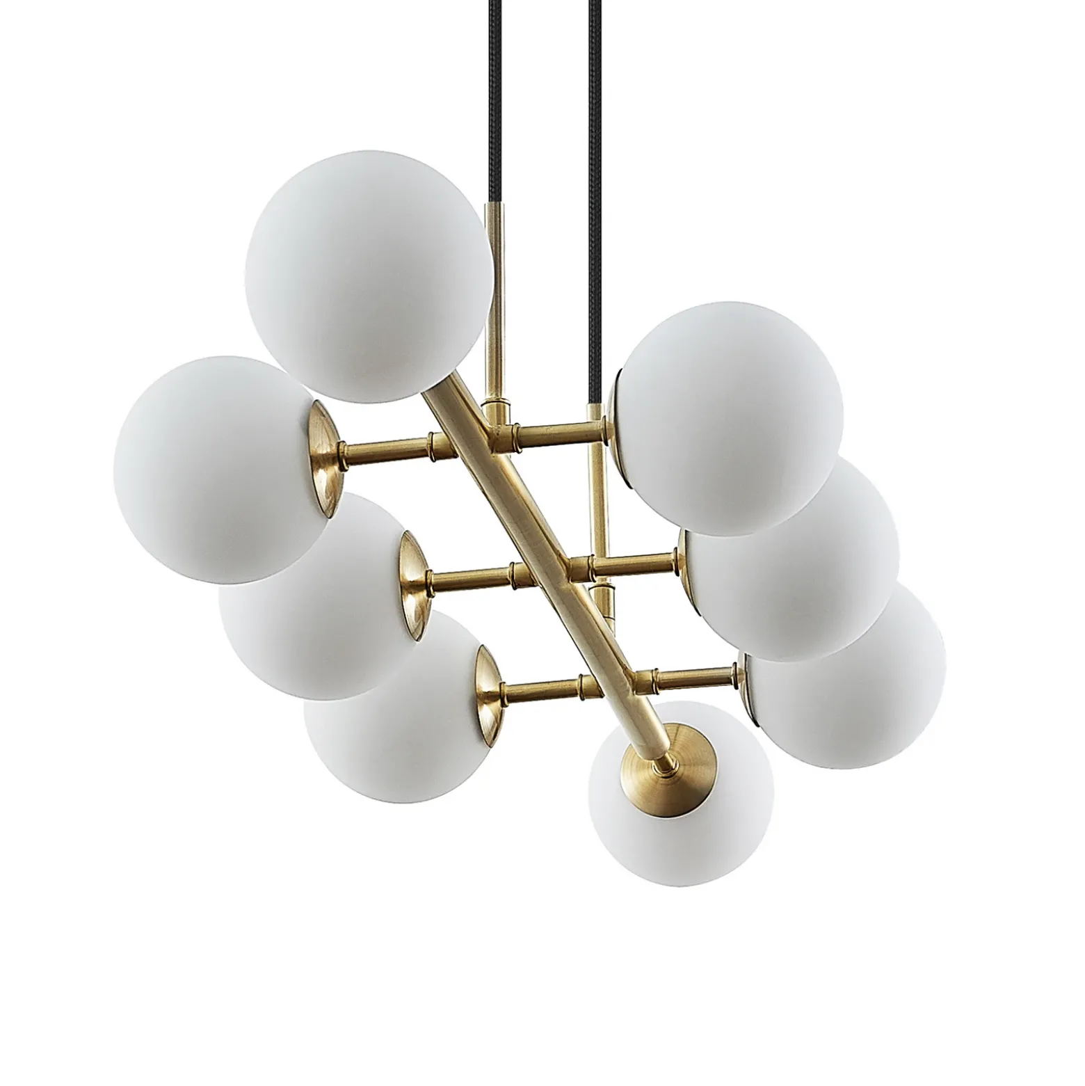 Lámpara colgante Lindby Kiamo, 83 cm, latón, blanco, cristal, G9
