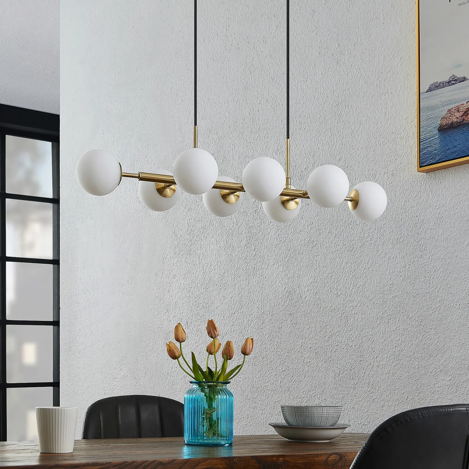 Lámpara colgante Lindby Kiamo, 83 cm, latón, blanco, cristal, G9