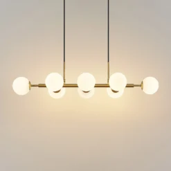 Lámpara colgante Lindby Kiamo, 83 cm, latón, blanco, cristal, G9