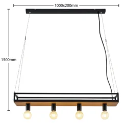 Lámpara colgante Lindby Kirista, 4 luces, negro/madera, 100 cm, E27