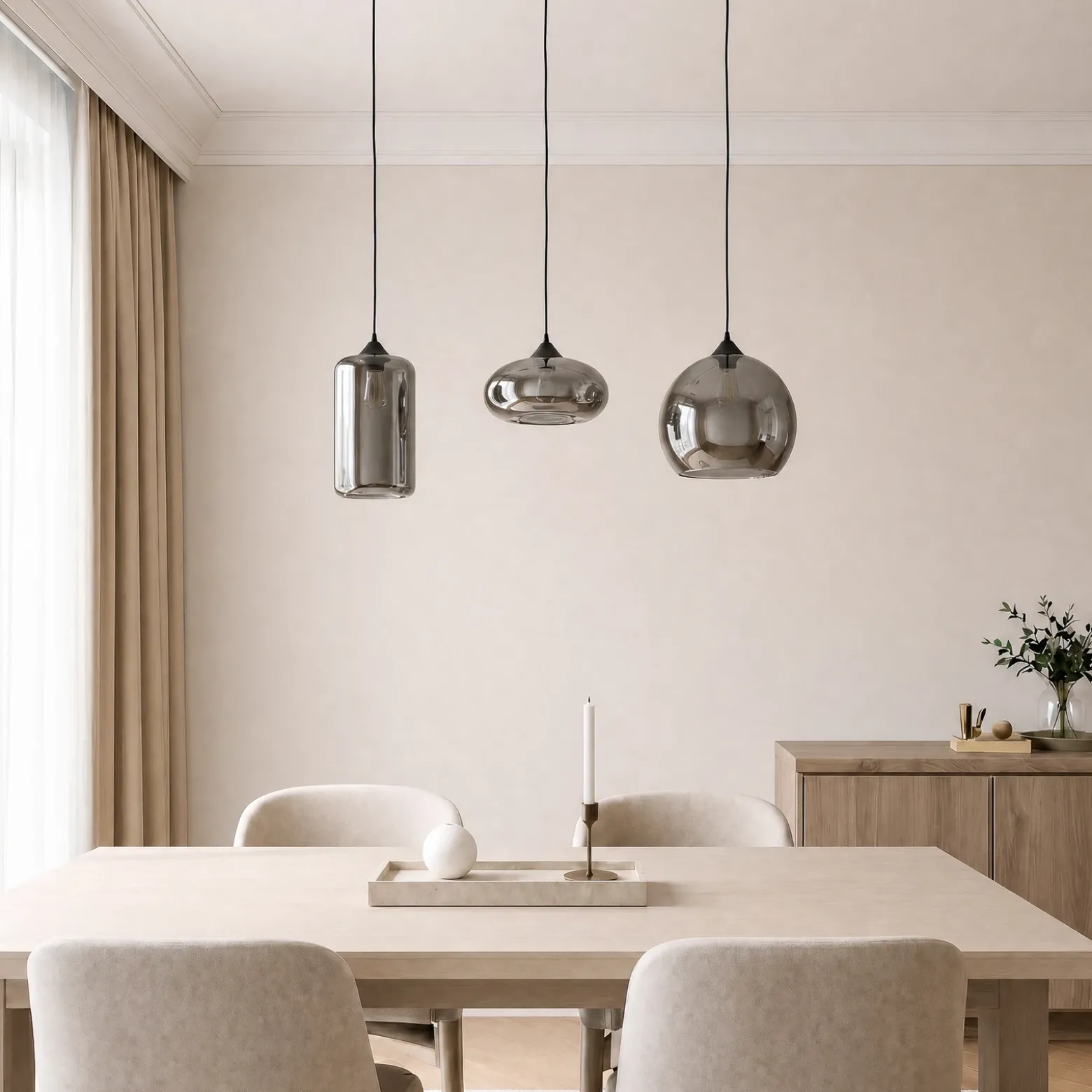 Lámpara colgante Lindby Marla, 3 luces, cristal, gris ahumado, 102cm