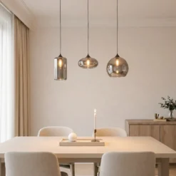 Lámpara colgante Lindby Marla, 3 luces, cristal, gris ahumado, 102cm