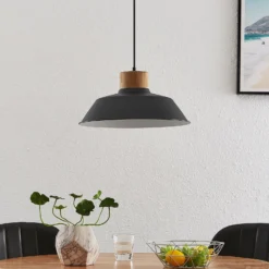 Lámpara colgante Lindby Nefeli, Ø 42 cm, negro, madera, metal