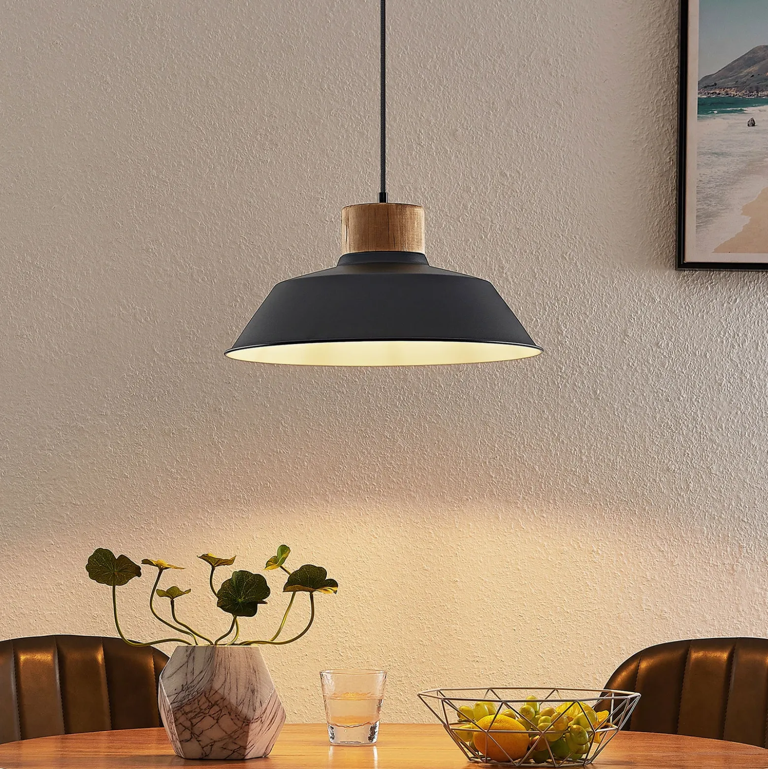 Lámpara colgante Lindby Nefeli, Ø 42 cm, negro, madera, metal