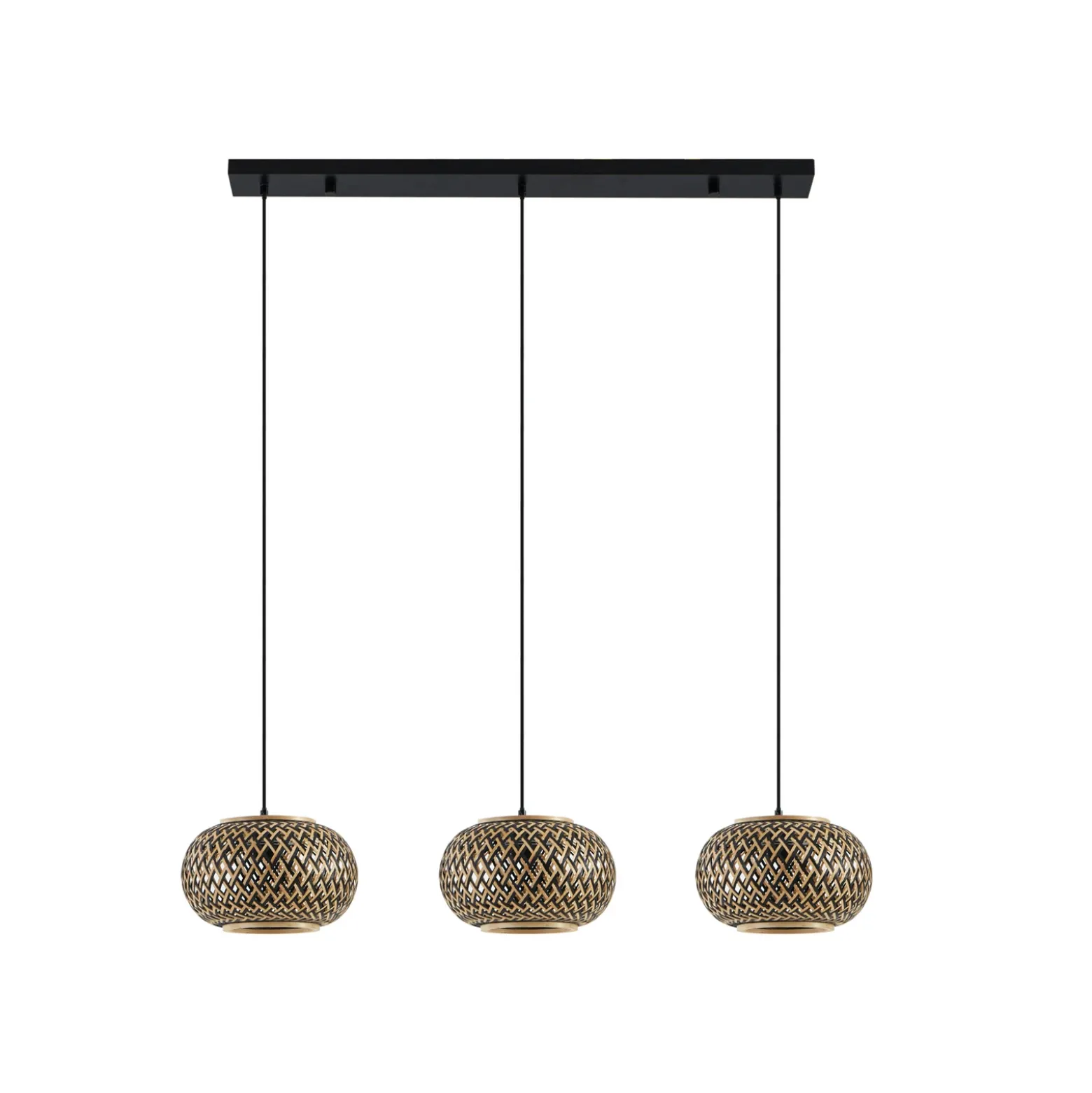 Lámpara colgante Lindby Nerys, 3 luces, negra, bambú, 1,120 cm