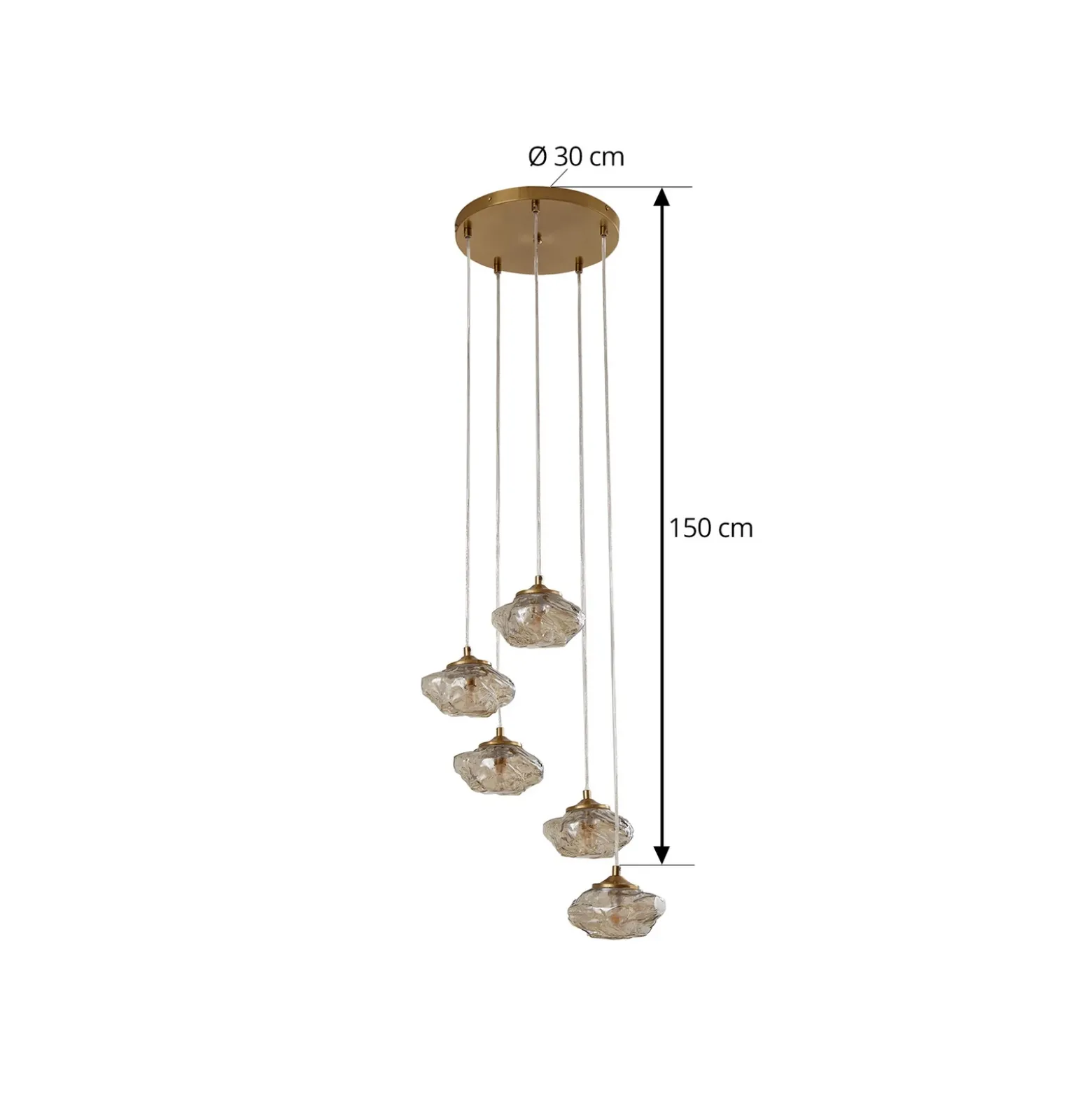 Lámpara colgante Lindby Piatra, Ø45cm, 5 luces, coñac/latón, cristal