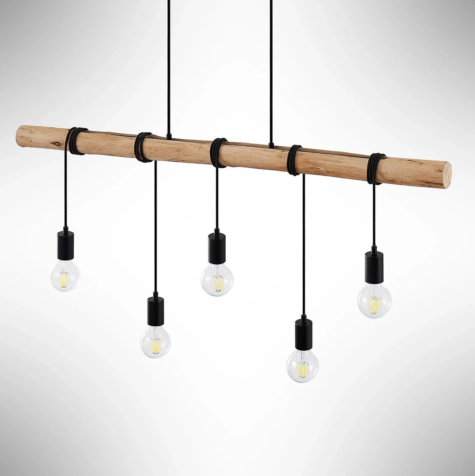 Lámpara colgante Lindby Rom, 5 luces, madera, cuerda, negro, 116 cm