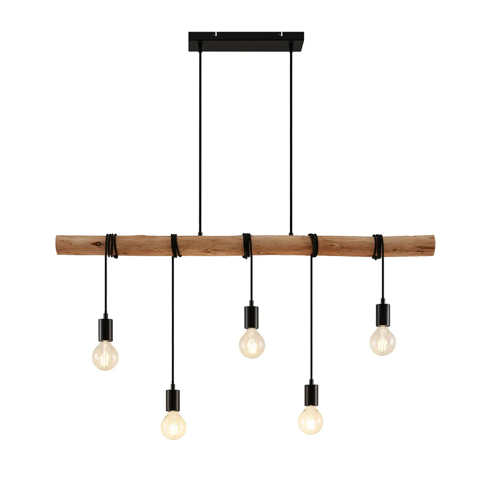 Lámpara colgante Lindby Rom, 5 luces, madera, cuerda, negro, 116 cm