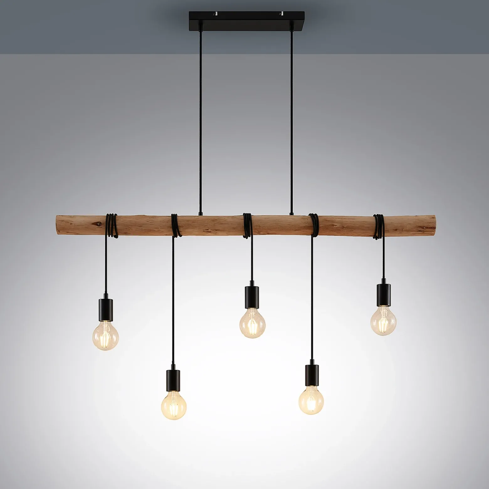 Lámpara colgante Lindby Rom, 5 luces, madera, cuerda, negro, 116 cm