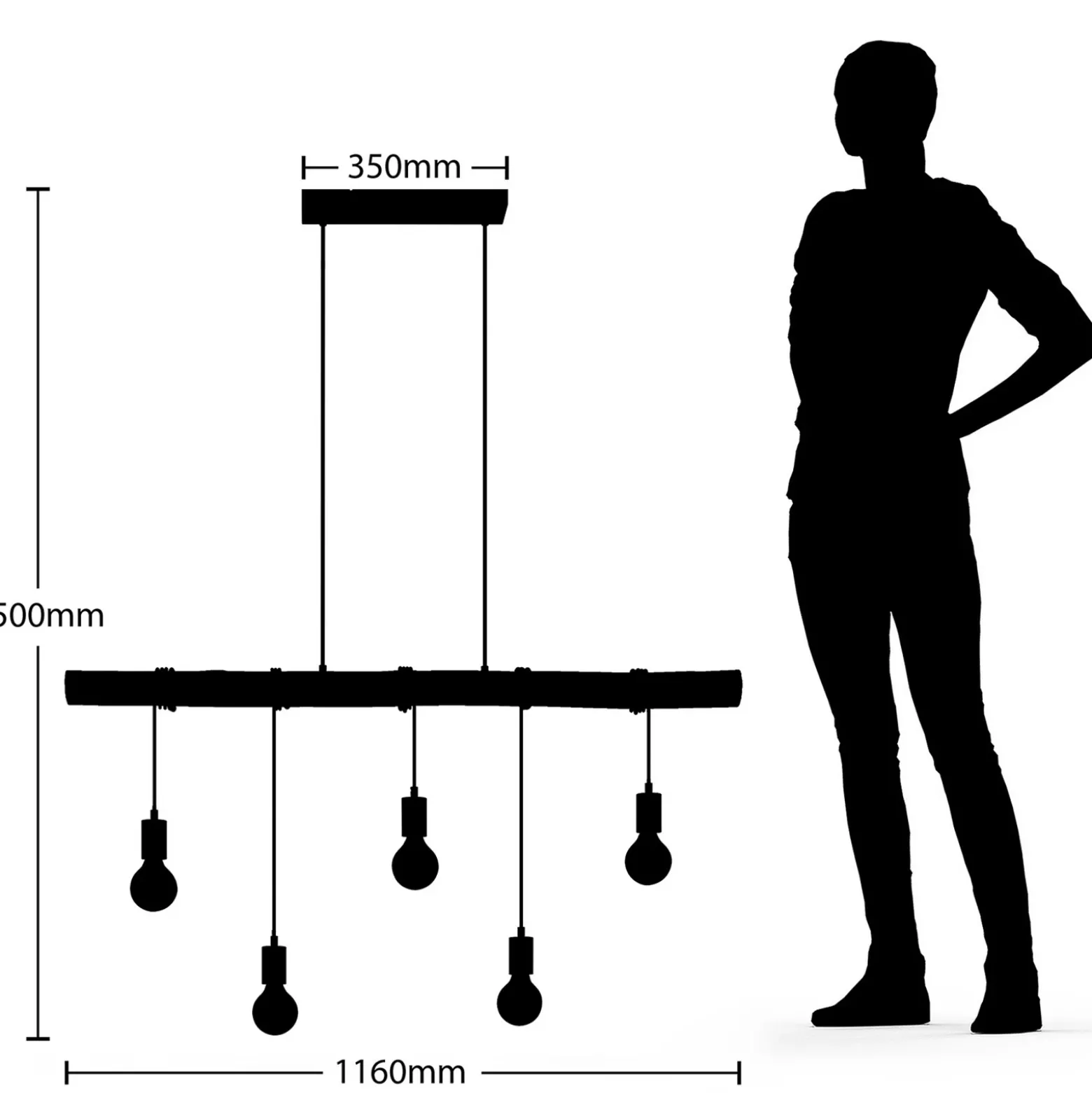 Lámpara colgante Lindby Rom, 5 luces, madera, cuerda, negro, 116 cm