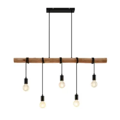 Lámpara colgante Lindby Rom, 5 luces, madera, cuerda, negro, 116 cm