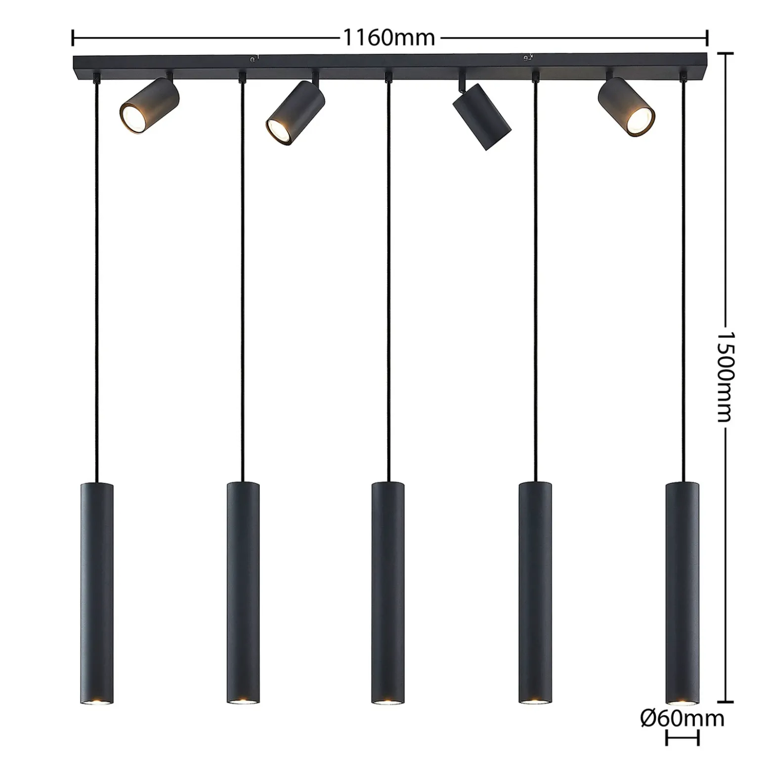 Lámpara colgante Lindby Sanad, 116 cm, 9 luces, negro, GU10