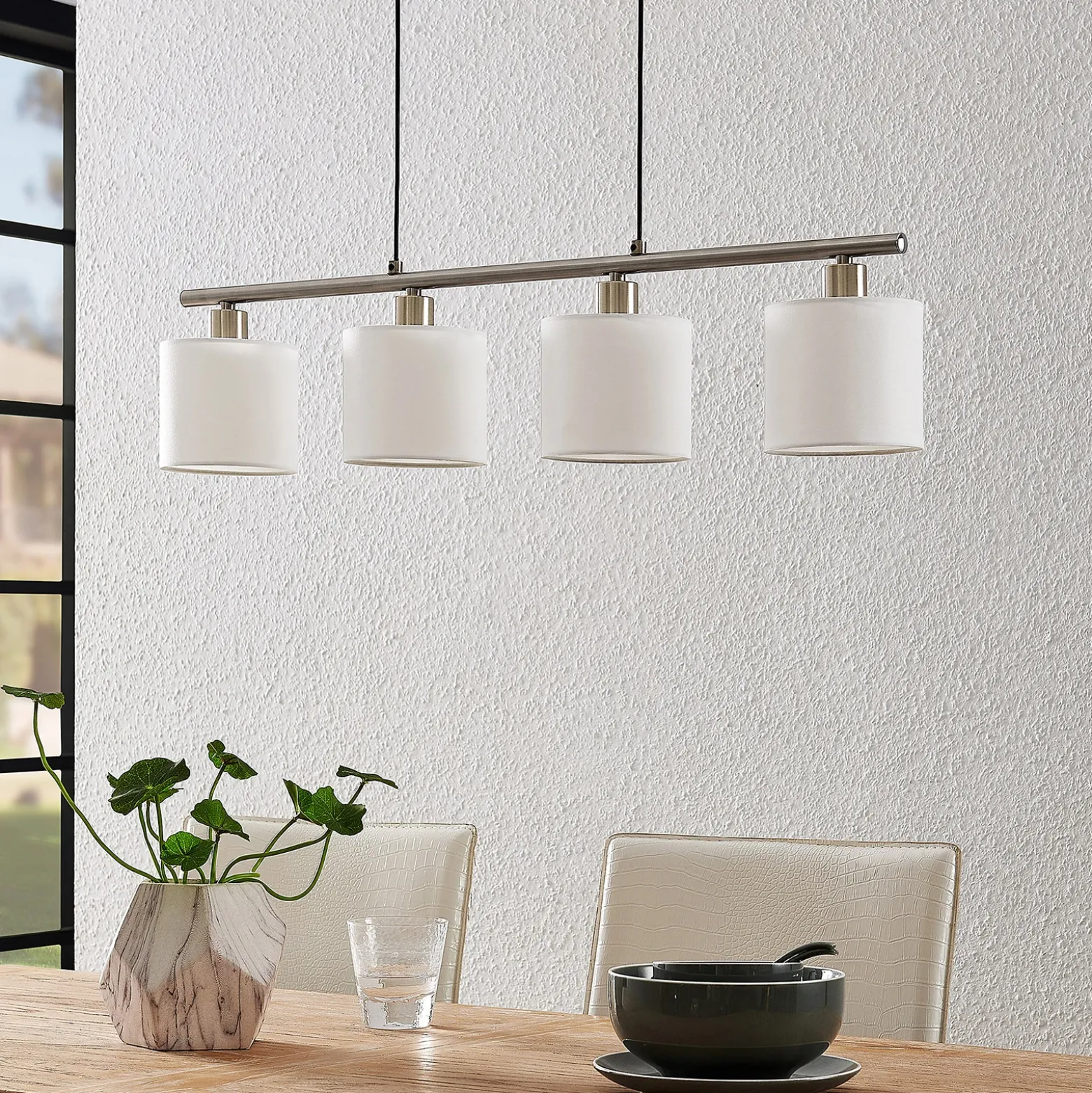 Lámpara colgante Lindby Stannis, 75 cm, blanca, 4 luces, textil