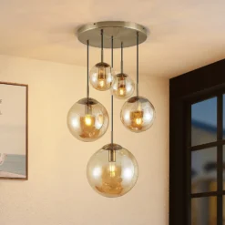 Lámpara colgante Lindby Teeja, ámbar, 5 luces, Ø50cm, cristal, E27