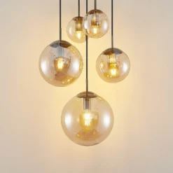 Lámpara colgante Lindby Teeja, ámbar, 5 luces, Ø50cm, cristal, E27
