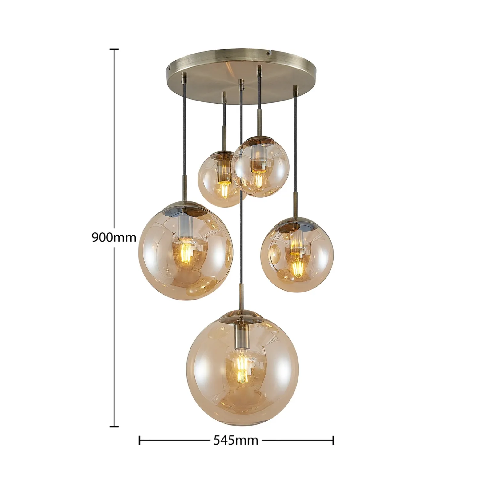 Lámpara colgante Lindby Teeja, ámbar, 5 luces, Ø50cm, cristal, E27