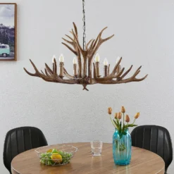 Lámpara colgante Lindby Tejask, Ø 102 cm, 6 luces, asta de ciervo, E14